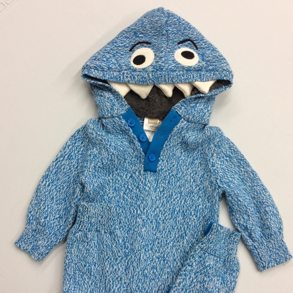 Baby 8 One Piece Hooded Shark Blue Outfit 3-6M